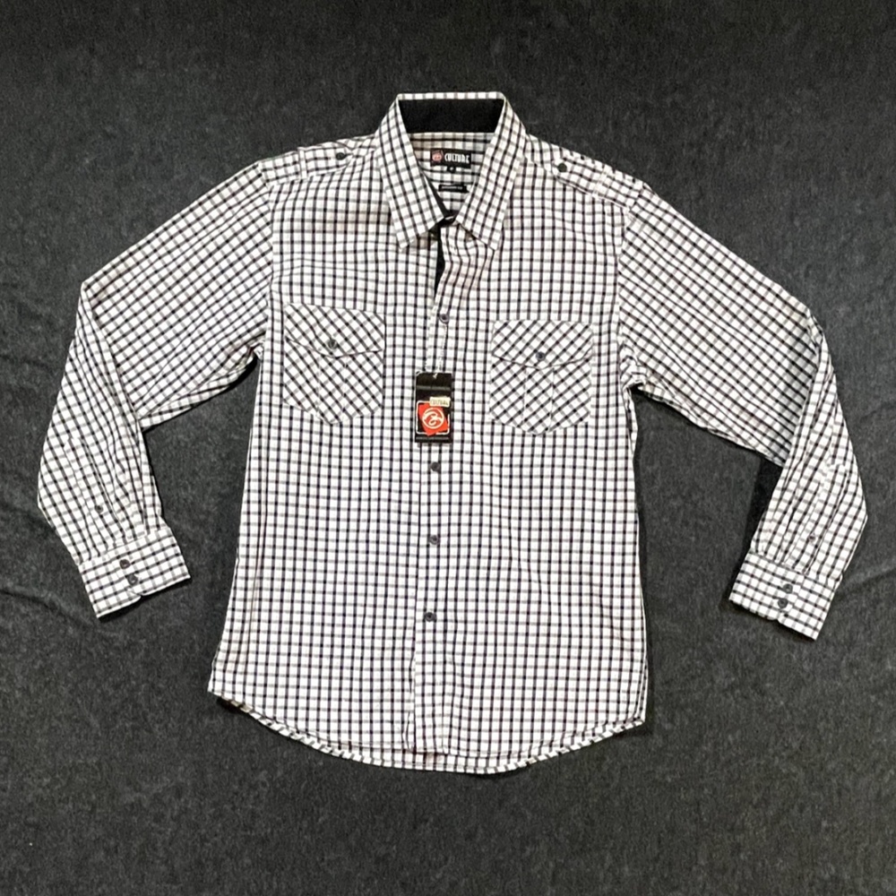 Culture Jeans Mens Button T-Shirt White/Black Long Sleeve Collar Pockets M NEW